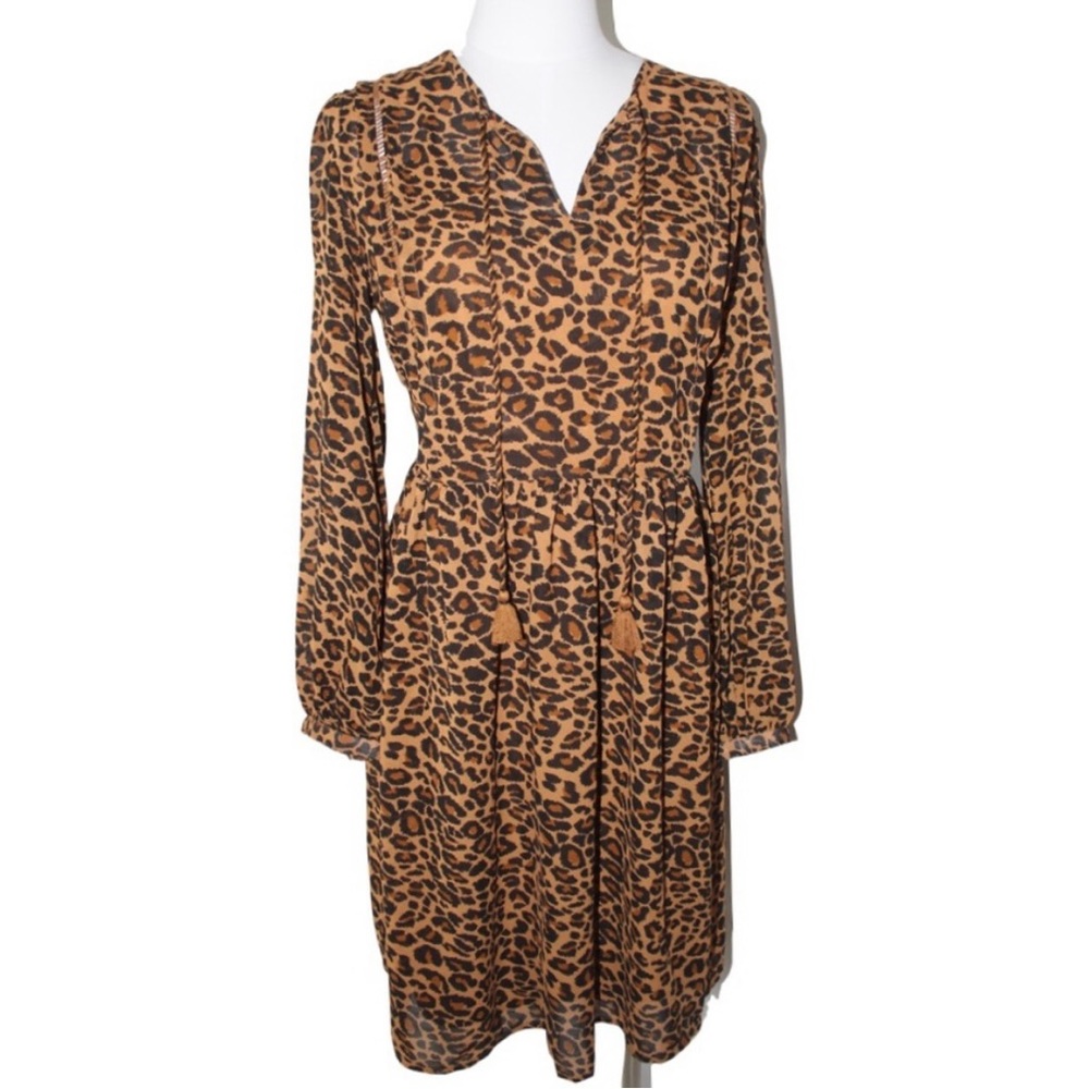 Women's MED Animal Print Babydoll Boho Long Sleeved Dress - NWT - Picture 7 of 16
